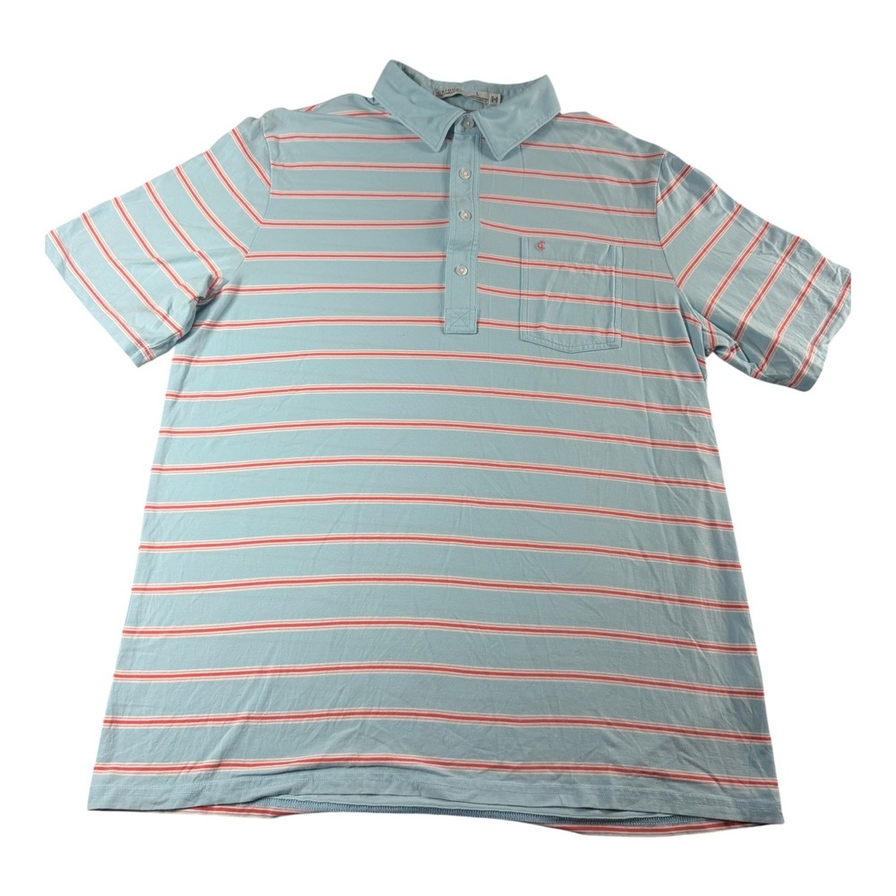 Criquet Mens Players Shirt Polo Light Blue Coral Striped Pima Cotton Size L